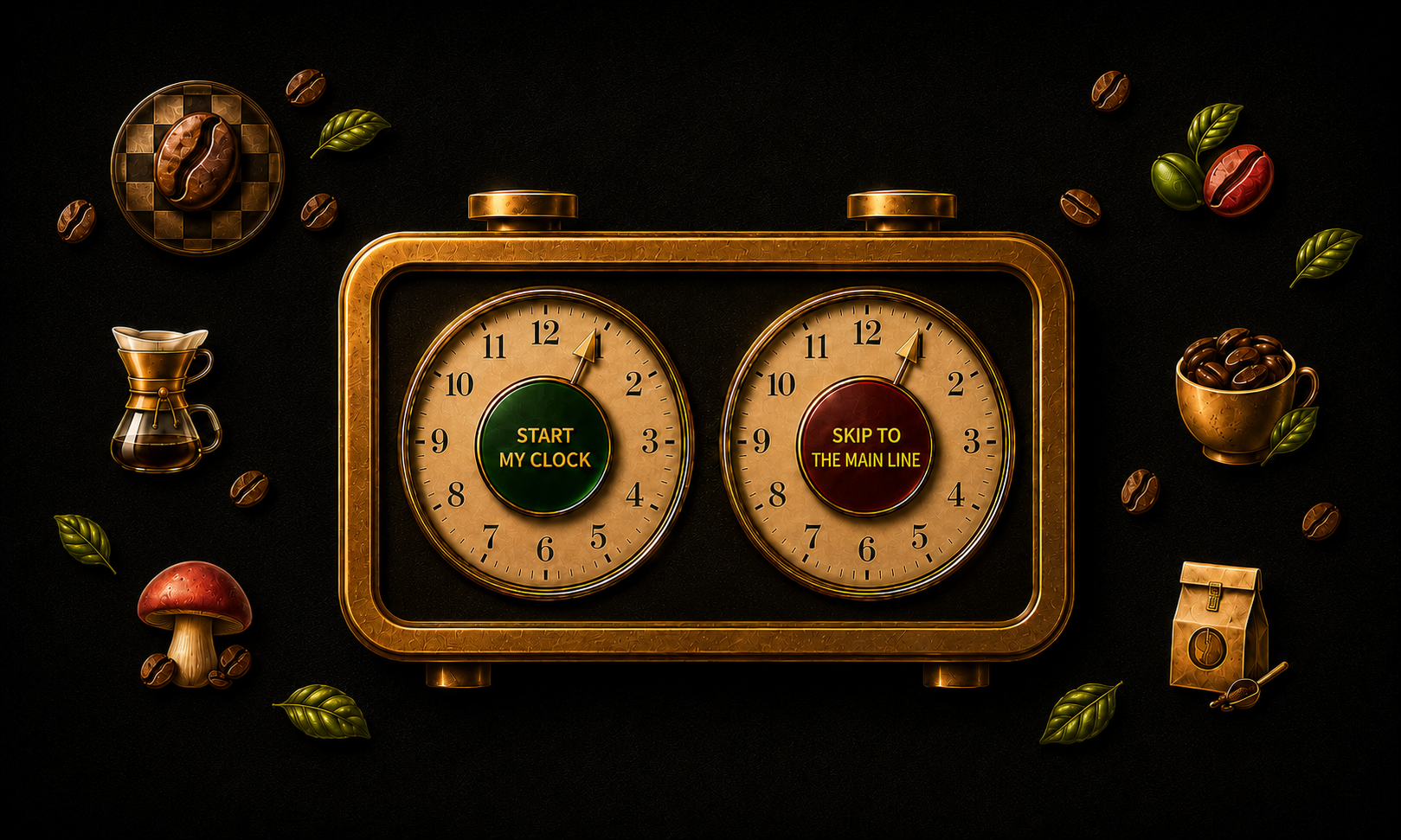 Chess Coffee Roasting Company coffee finder clock with Start My Clock and Skip To The Main Line choices